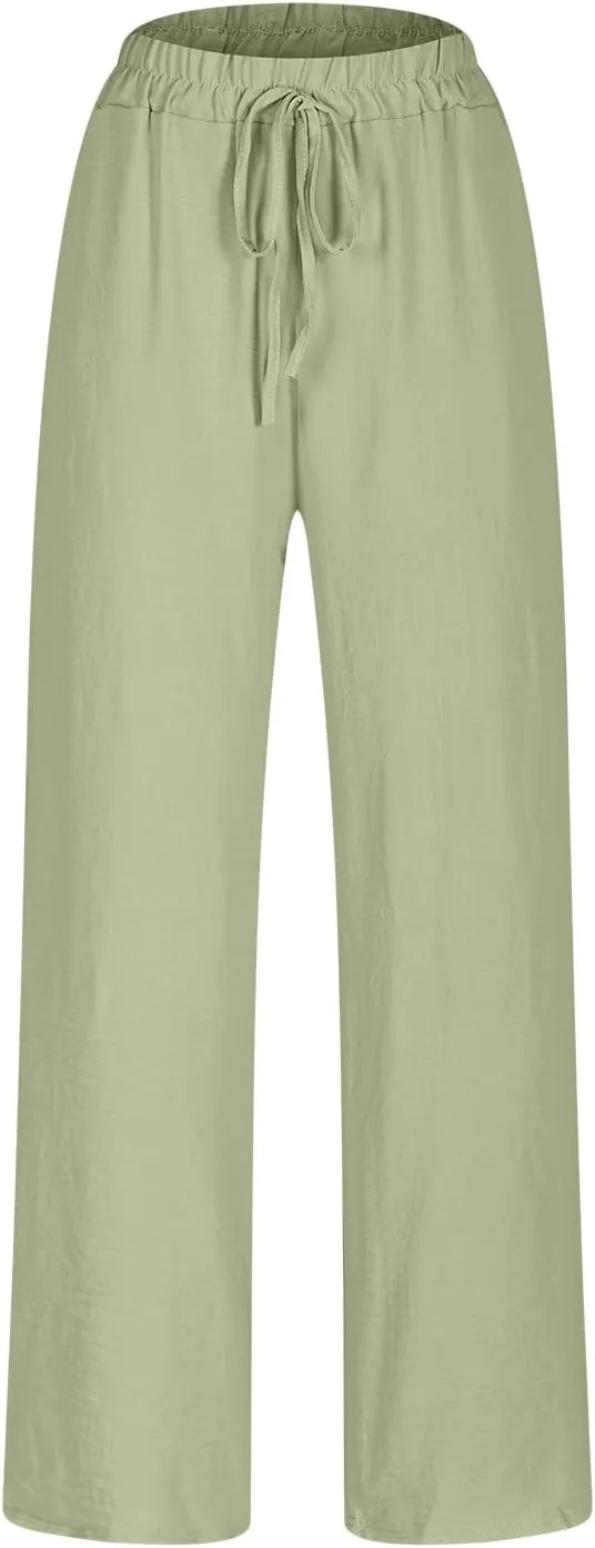Womens Plus Size Linen Pants Summer Casual Boho Drawstring High Waisted Pants Loose Fit Lounge Trousers