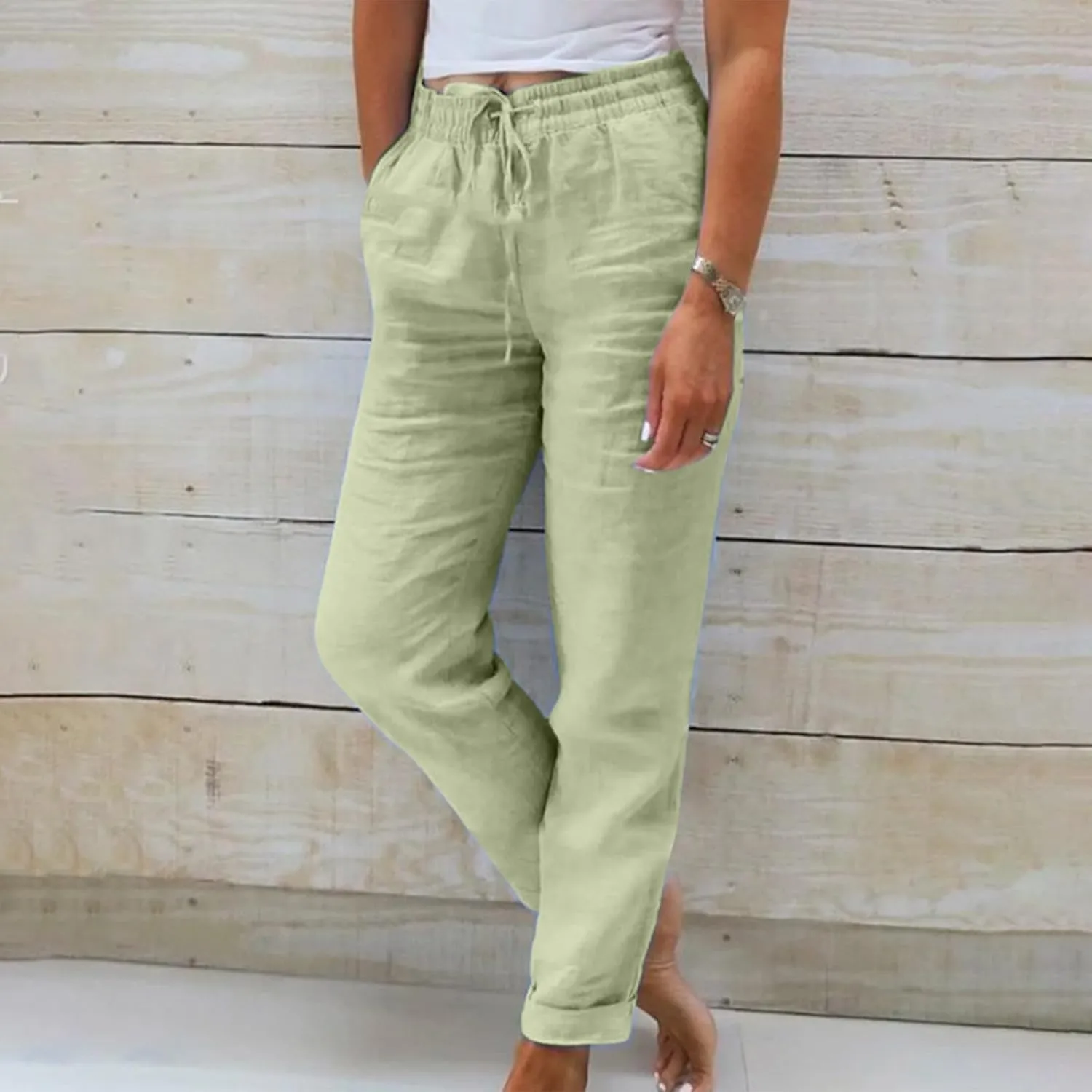 Womens Plus Size Linen Pants Summer Casual Boho Drawstring High Waisted Pants Loose Fit Lounge Trousers