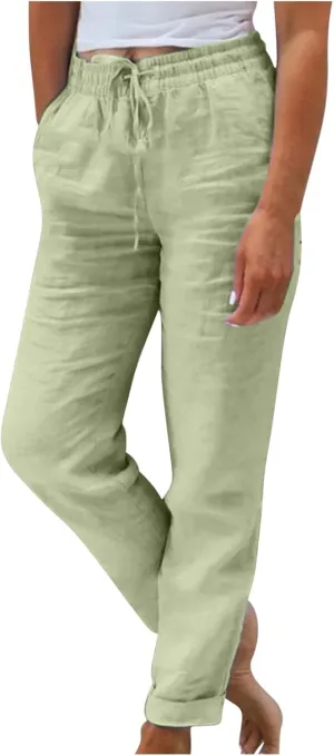 Womens Plus Size Linen Pants Summer Casual Boho Drawstring High Waisted Pants Loose Fit Lounge Trousers