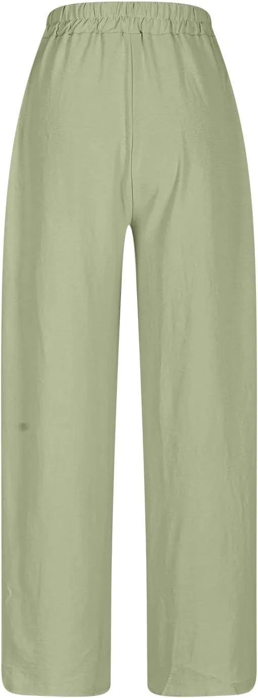 Womens Plus Size Linen Pants Summer Casual Boho Drawstring High Waisted Pants Loose Fit Lounge Trousers