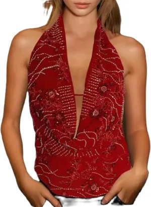 Womens Sequin Cami Tank Top Sparkly Floral Vest Sexy Pearl Rhinestone Going Out Tops Y2k Glitter Camisole