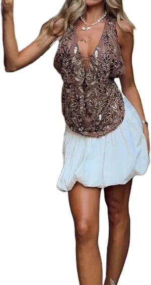 Womens Sequin Cami Tank Top Sparkly Floral Vest Sexy Pearl Rhinestone Going Out Tops Y2k Glitter Camisole