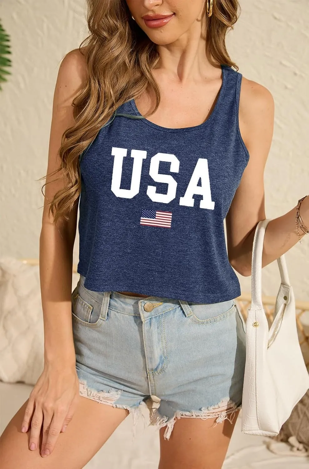 Women's Sexy Crop Tanks Cute USA Graphic Cropped Tank Tops for Teen Girls Casual Summer Sleeveless Tee Tops
