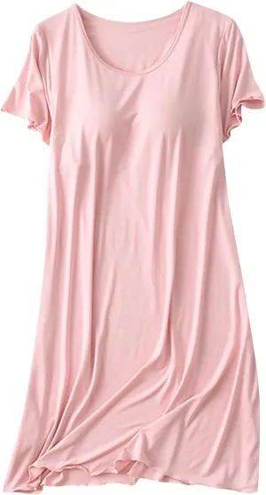 Womens Soft Nightgown Short Sleeve Nightshirt with Built in Bra Solid Sleepwear Comfy Loungewear Pajamas