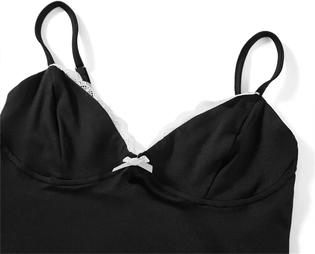 Women's Solid Color Casual V-Neck Lace Bow Stitching Slim Fit Camisole Top