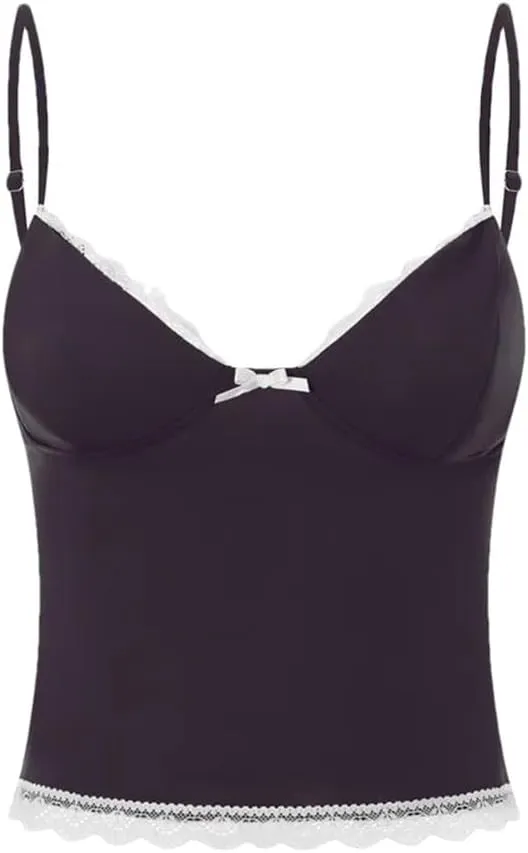 Women's Solid Color Casual V-Neck Lace Bow Stitching Slim Fit Camisole Top