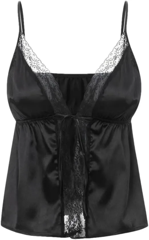 Women's Solid Color Casual V-Neck Lace Hollow Satin Home Camisole Top
