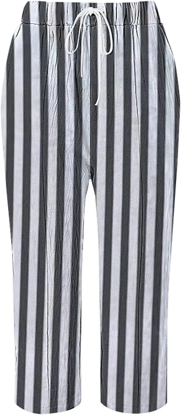 Women's Solid Striped Linen Capris Pants Spring Flowy Beach Trousers Outfits Linen Crop Pants for Women Casual