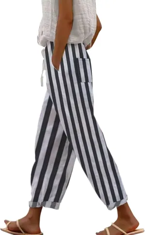 Women's Solid Striped Linen Capris Pants Spring Flowy Beach Trousers Outfits Linen Crop Pants for Women Casual