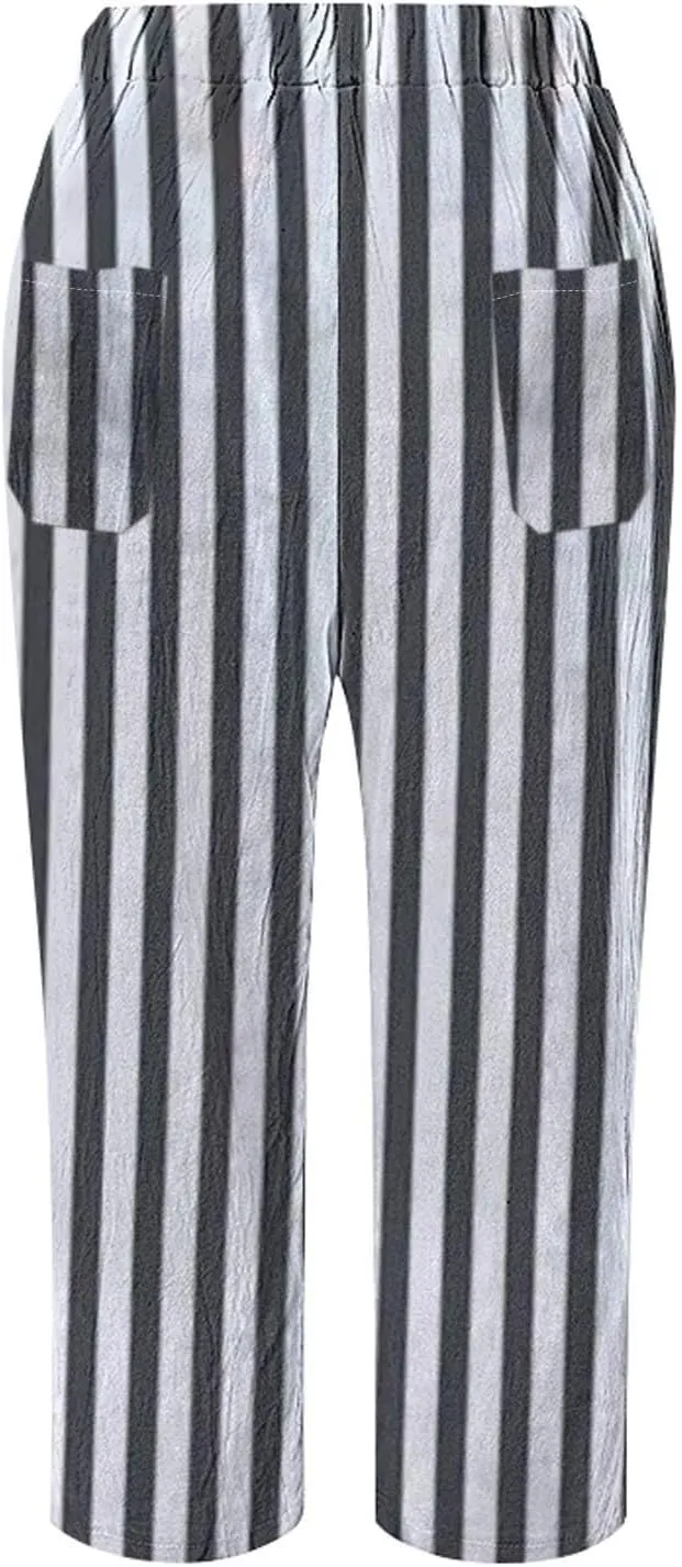 Women's Solid Striped Linen Capris Pants Spring Flowy Beach Trousers Outfits Linen Crop Pants for Women Casual