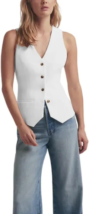 Women's Solid Vest Sleeveless 4 Button V Neck Waistcoat Casual Office Crop Top