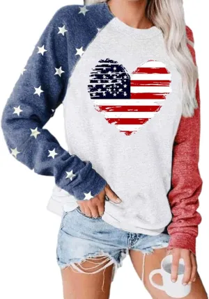 Womens Star Print Colorblock Shirt Long Sleeve American Flag 4th of July Pullvoer Blouse Tops