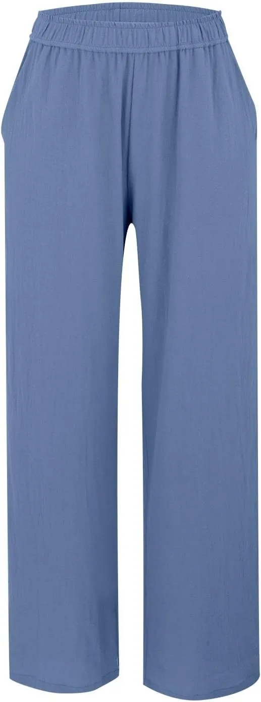 Womens Straight Leg Linen Pants Wide Leg Casual Elastic Waist Palazzo Pant Lounge Beach Summer Trousers with Pockets