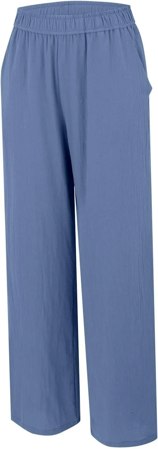 Womens Straight Leg Linen Pants Wide Leg Casual Elastic Waist Palazzo Pant Lounge Beach Summer Trousers with Pockets