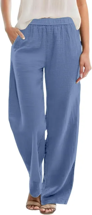 Womens Straight Leg Linen Pants Wide Leg Casual Elastic Waist Palazzo Pant Lounge Beach Summer Trousers with Pockets