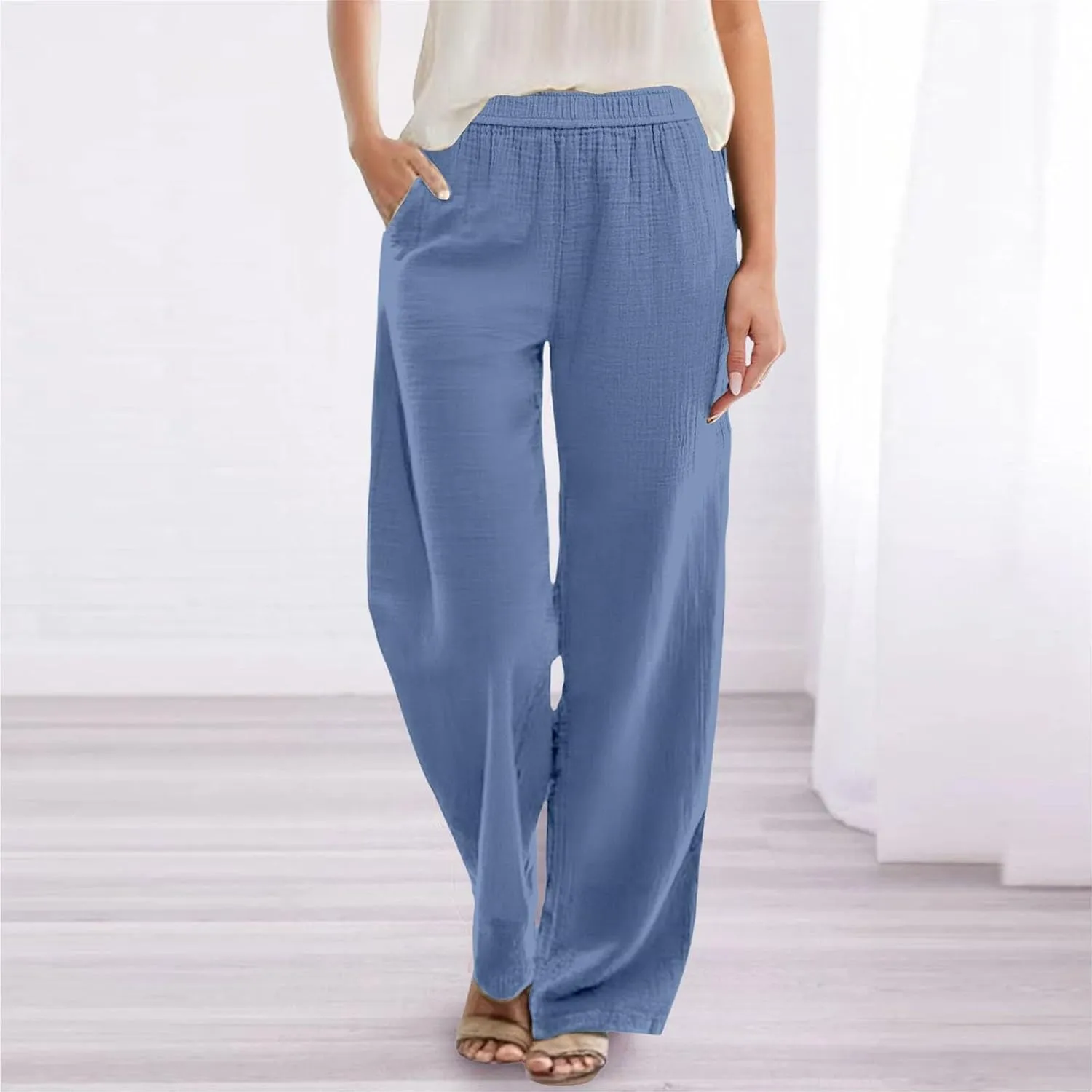 Womens Straight Leg Linen Pants Wide Leg Casual Elastic Waist Palazzo Pant Lounge Beach Summer Trousers with Pockets