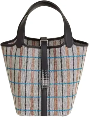 Women's striped canvas handbag, top handbag, brown leather decoration, bucket style