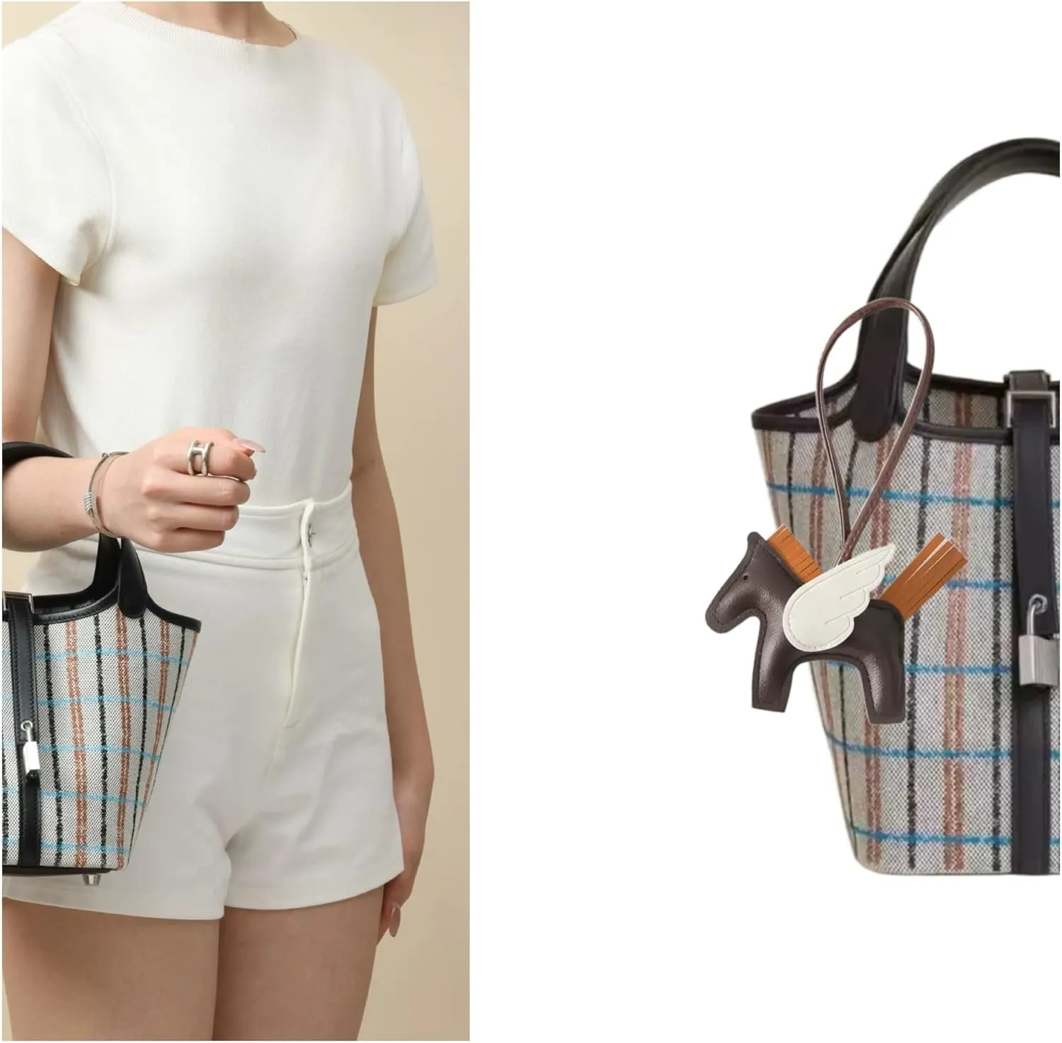 Women's striped canvas handbag, top handbag, brown leather decoration, bucket style