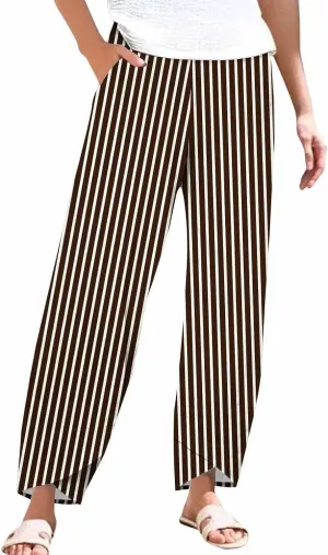 Women's Striped Printed Elastic High Waist Cropped Pants Wide Leg Casual Summer Beach Trousers for Women with Pocket