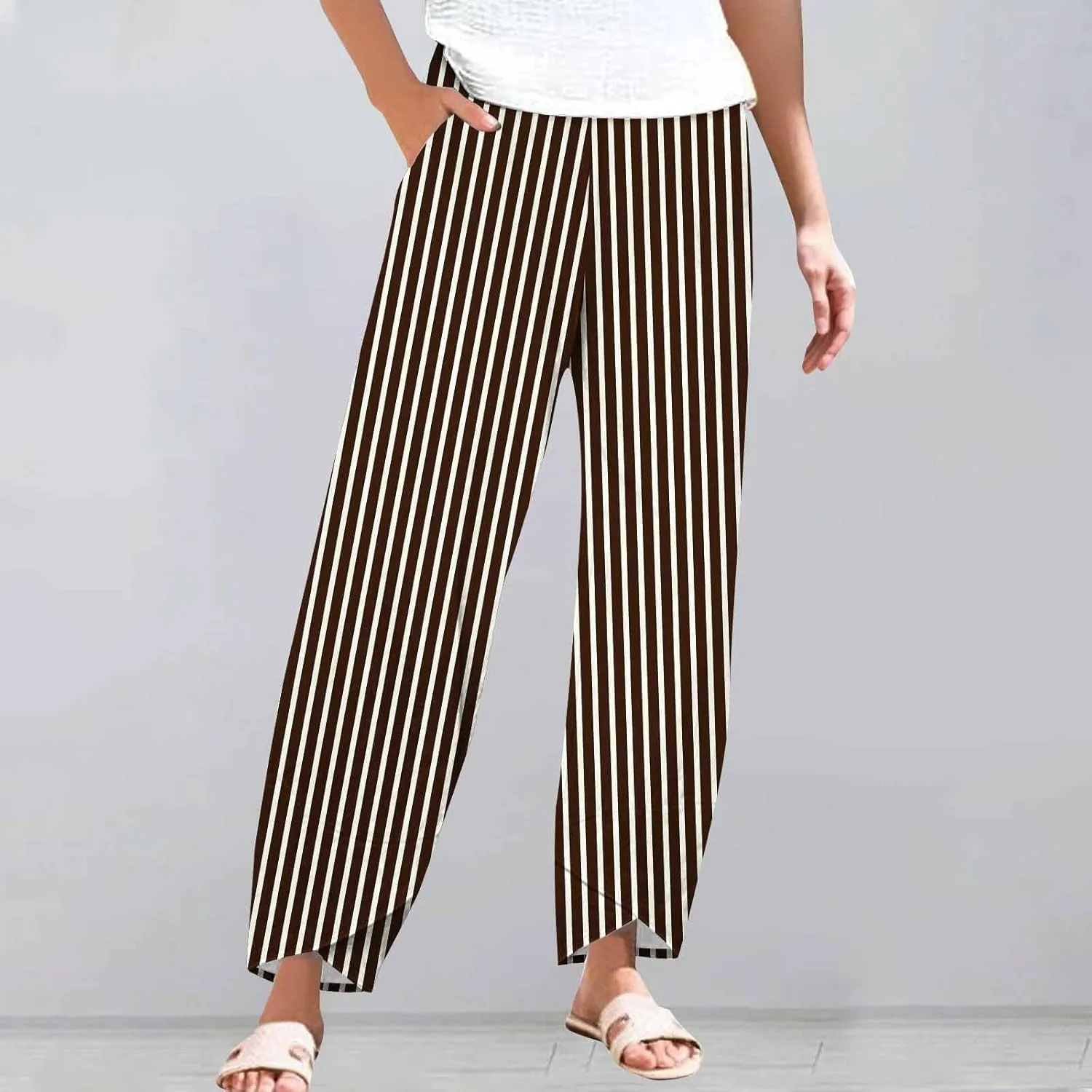 Women's Striped Printed Elastic High Waist Cropped Pants Wide Leg Casual Summer Beach Trousers for Women with Pocket