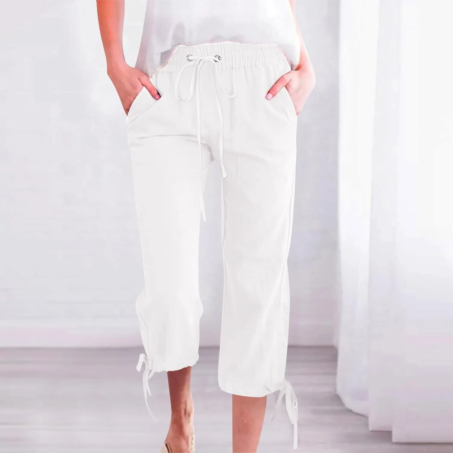 Womens Summer Capris Pants Cotton Linen Length Knee 2025 Straight Leg Loose Beach Shorts Trouser with Pocket