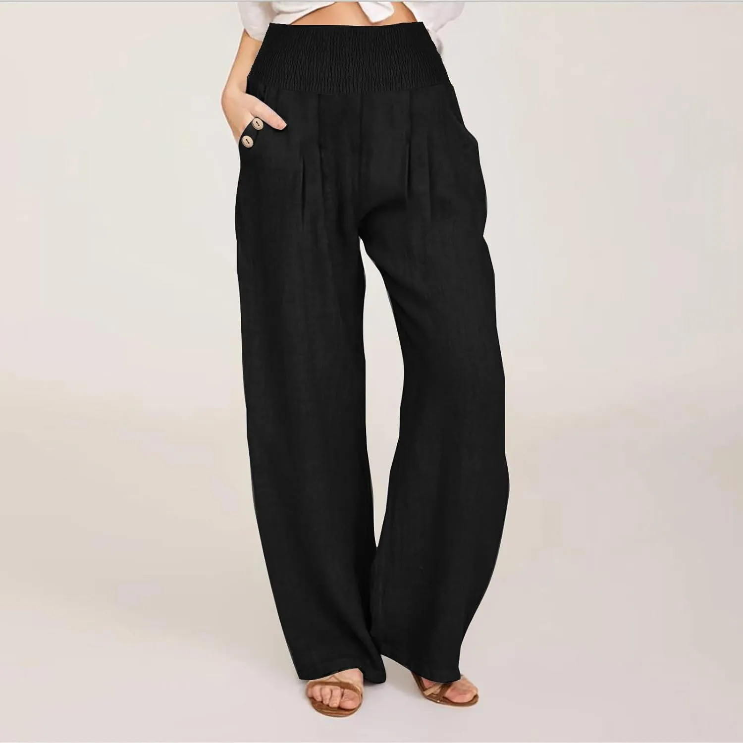 Womens Summer Cotton Linen Palazzo Pants Casual Smocked Waist Wide Leg Pants Loose Beach Lounge Trousers with Pockets