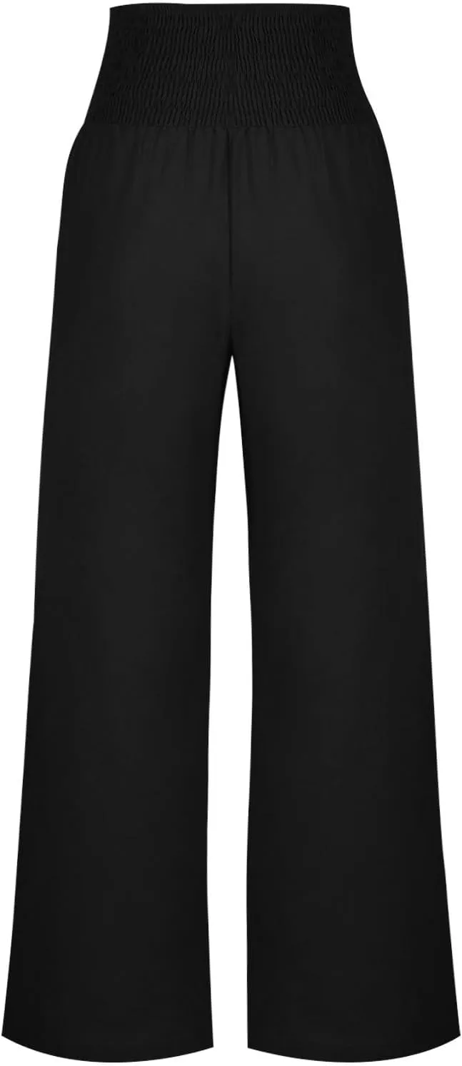 Womens Summer Cotton Linen Palazzo Pants Casual Smocked Waist Wide Leg Pants Loose Beach Lounge Trousers with Pockets