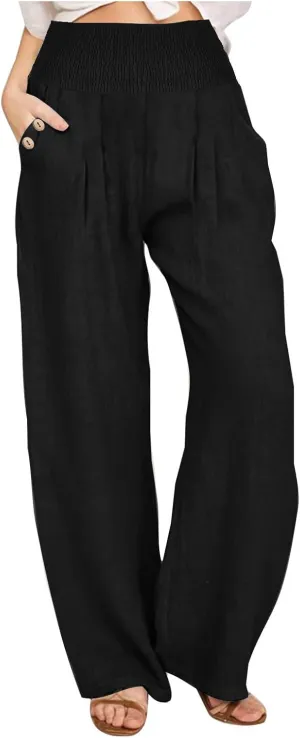 Womens Summer Cotton Linen Palazzo Pants Casual Smocked Waist Wide Leg Pants Loose Beach Lounge Trousers with Pockets