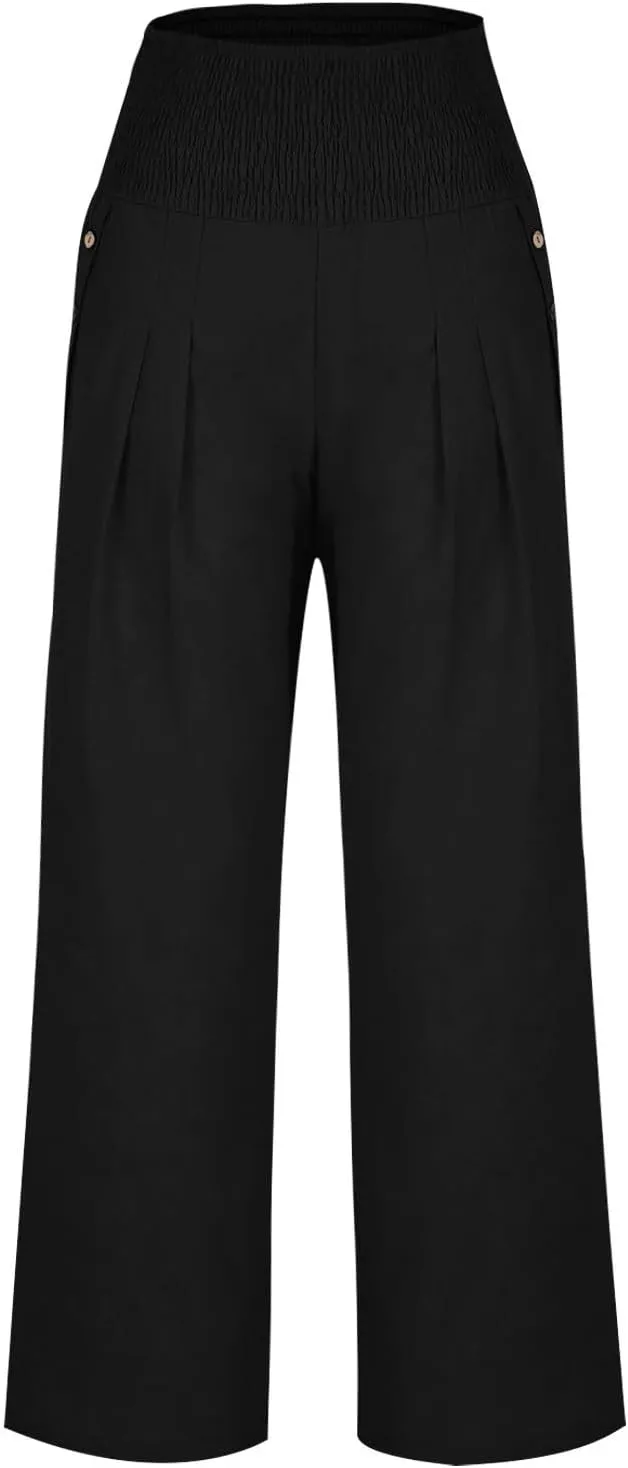 Womens Summer Cotton Linen Palazzo Pants Casual Smocked Waist Wide Leg Pants Loose Beach Lounge Trousers with Pockets