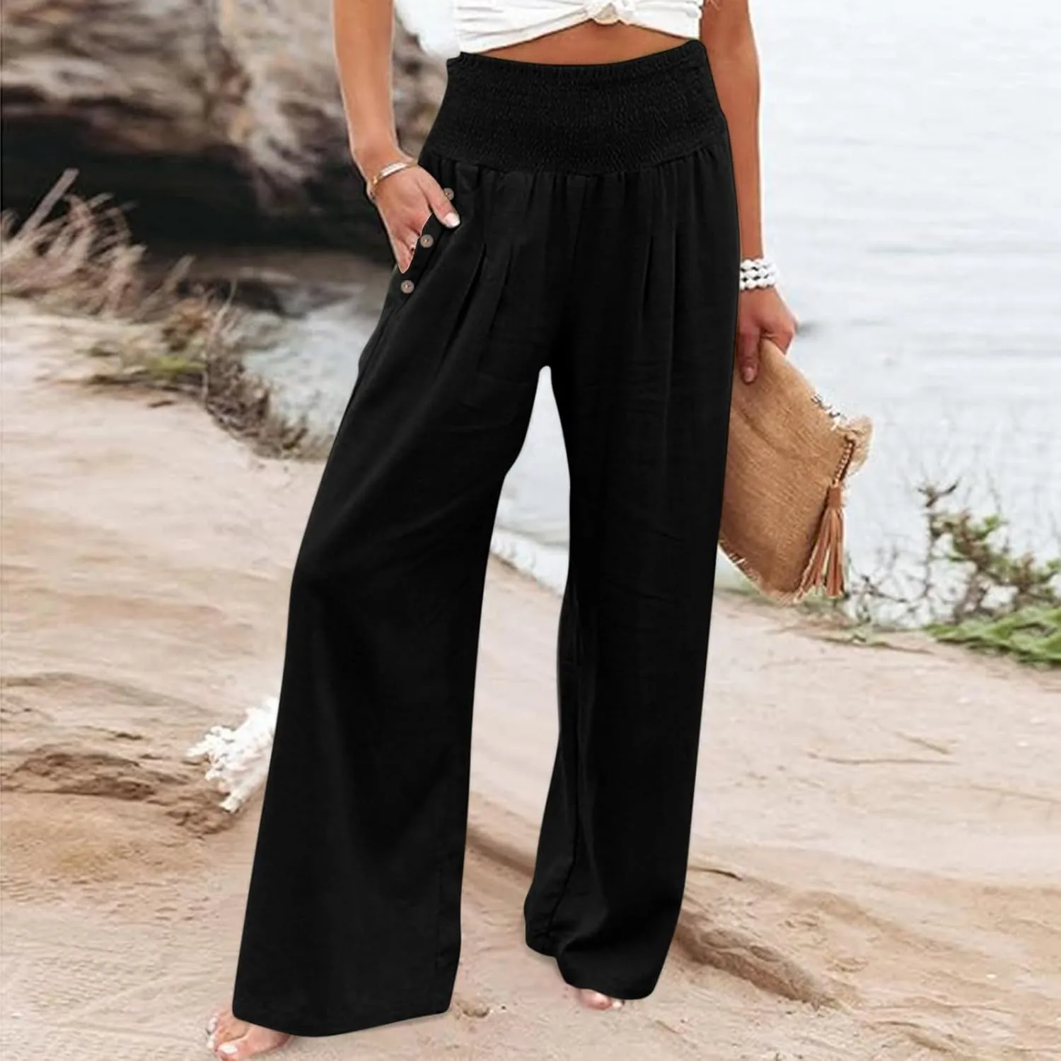 Womens Summer Cotton Linen Palazzo Pants Casual Smocked Waist Wide Leg Pants Loose Beach Lounge Trousers with Pockets