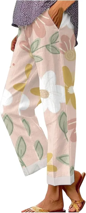 Women's Summer Drawstring Waist Pants Long Drawstring Linen Women Waist Cotton Casual Pants Summer Boho Wide Leg