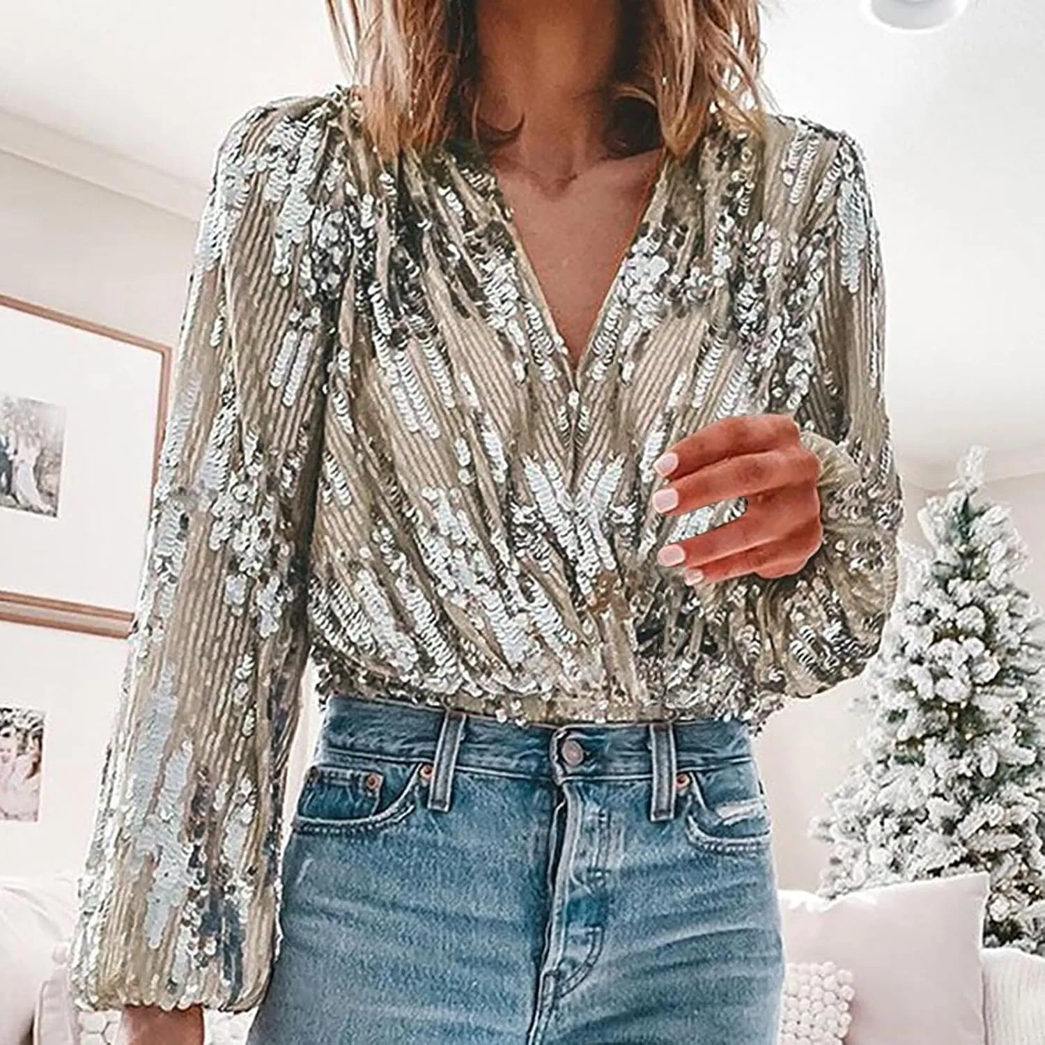 Womens Summer Fashion Sequin Tops Glitter Gradient Printed V Neck Top T Shirt Sparkle Shimmer Tanks Tops Blouses