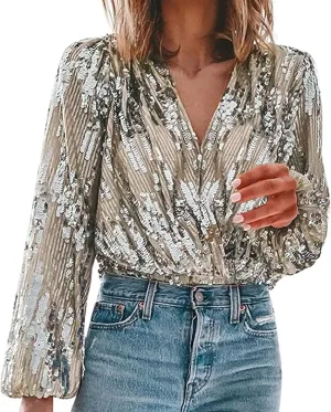Womens Summer Fashion Sequin Tops Glitter Gradient Printed V Neck Top T Shirt Sparkle Shimmer Tanks Tops Blouses