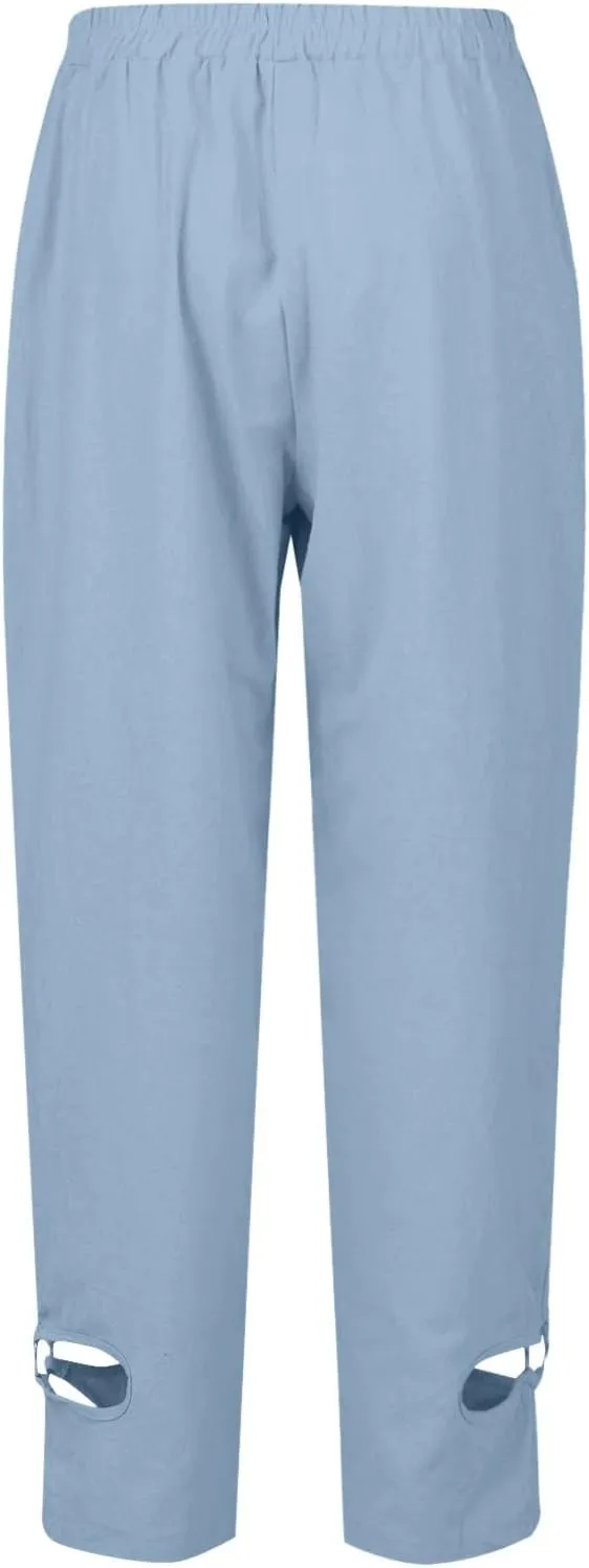 Women's Summer Lace Cotton Linen Beach Capri Pants 2024 with Pockets Casual Loose Elastic High Waisted Trousers