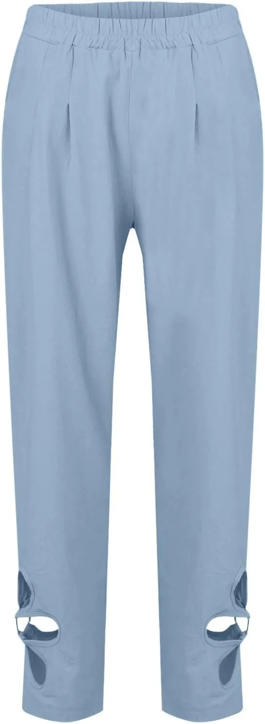 Women's Summer Lace Cotton Linen Beach Capri Pants 2024 with Pockets Casual Loose Elastic High Waisted Trousers