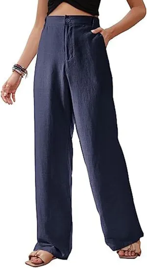 Womens Summer Pants 2024 Cotton Linen High Waisted Wide Leg Pant Beachwear Button-On Loose Casual Trousers