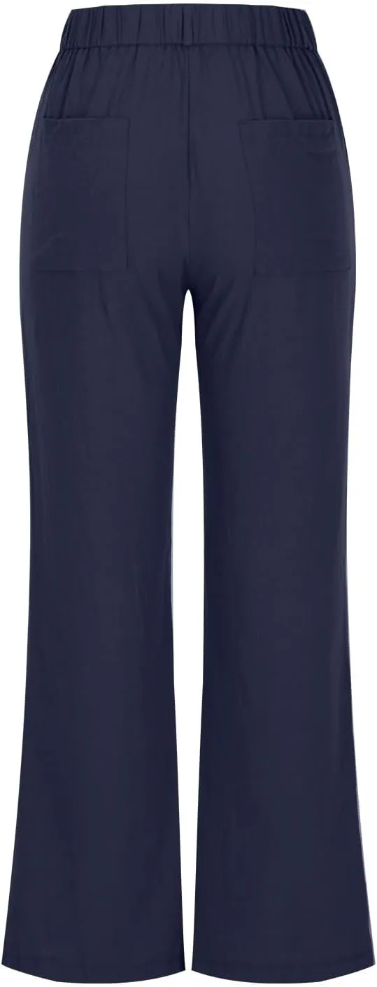 Womens Summer Pants 2024 Cotton Linen High Waisted Wide Leg Pant Beachwear Button-On Loose Casual Trousers