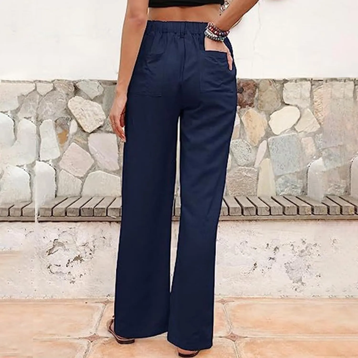 Womens Summer Pants 2024 Cotton Linen High Waisted Wide Leg Pant Beachwear Button-On Loose Casual Trousers