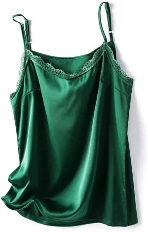 Women's Summer V-Neck Silk Camisole Sexy Lace Sleeveless Satin Vest Top