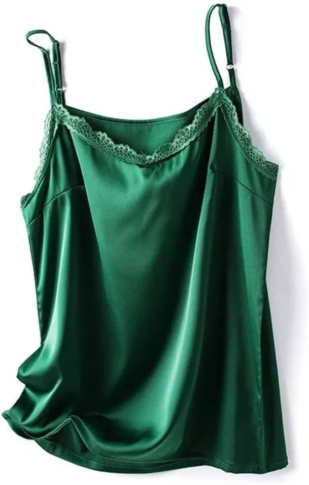 Women's Summer V-Neck Silk Camisole Sexy Lace Sleeveless Satin Vest Top