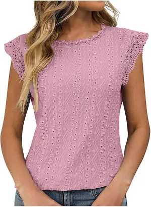 Womens Tank Tops Dressy Casual Eyelet Sleeveless Patchwork Lace Shirt Crewneck Hollow Out Fashion Summer Tank Top