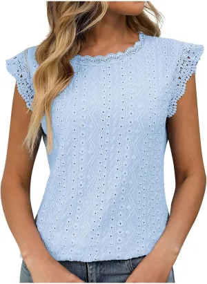 Womens Tank Tops Dressy Casual Eyelet Sleeveless Patchwork Lace Shirt Crewneck Hollow Out Fashion Summer Tank Top