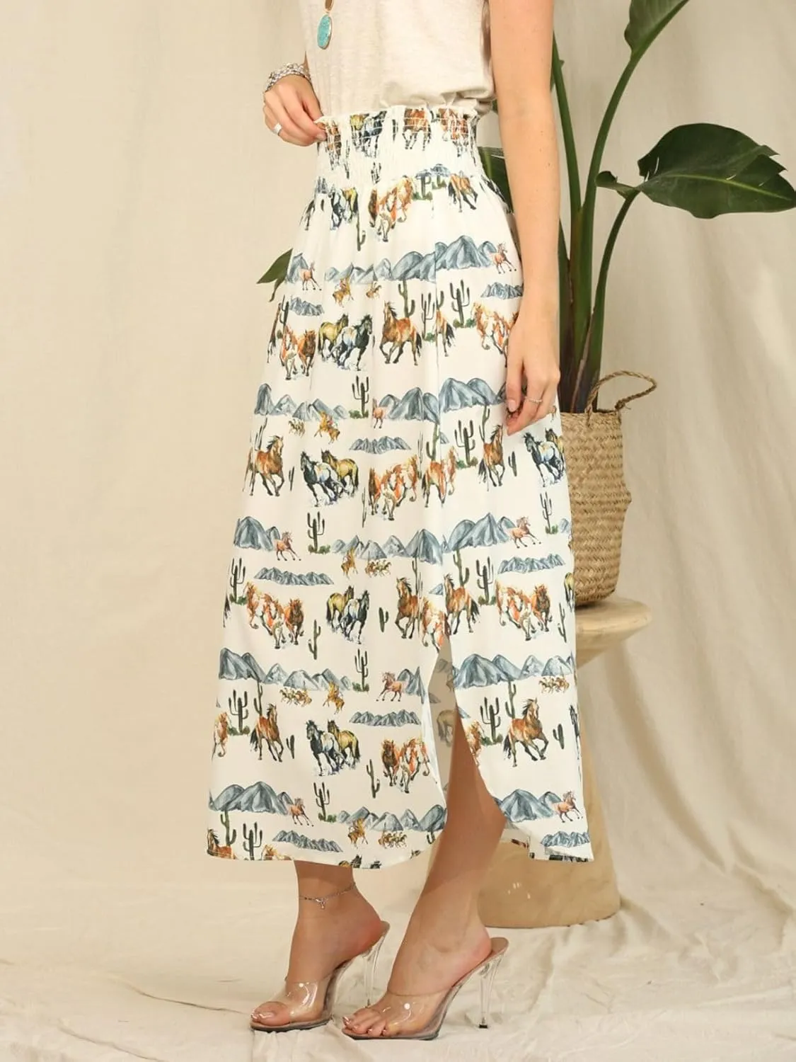 Womens Western Horse Desert Print Smock Waist Maxi Skirt Tribal Cowgirl Skirt Dress