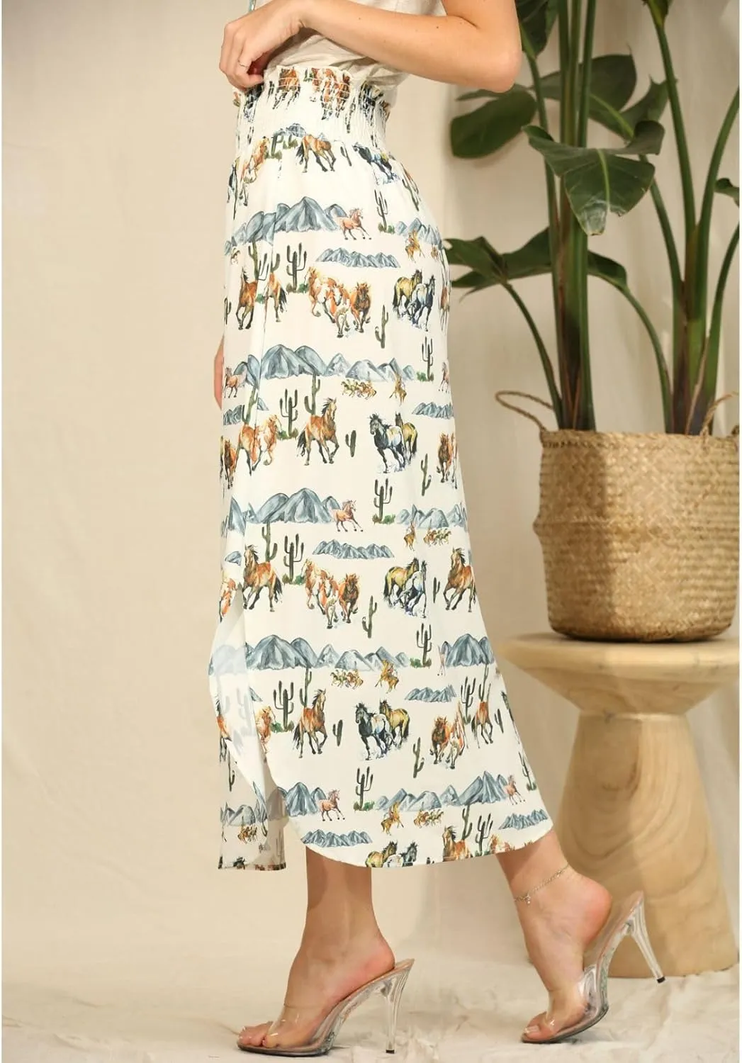 Womens Western Horse Desert Print Smock Waist Maxi Skirt Tribal Cowgirl Skirt Dress