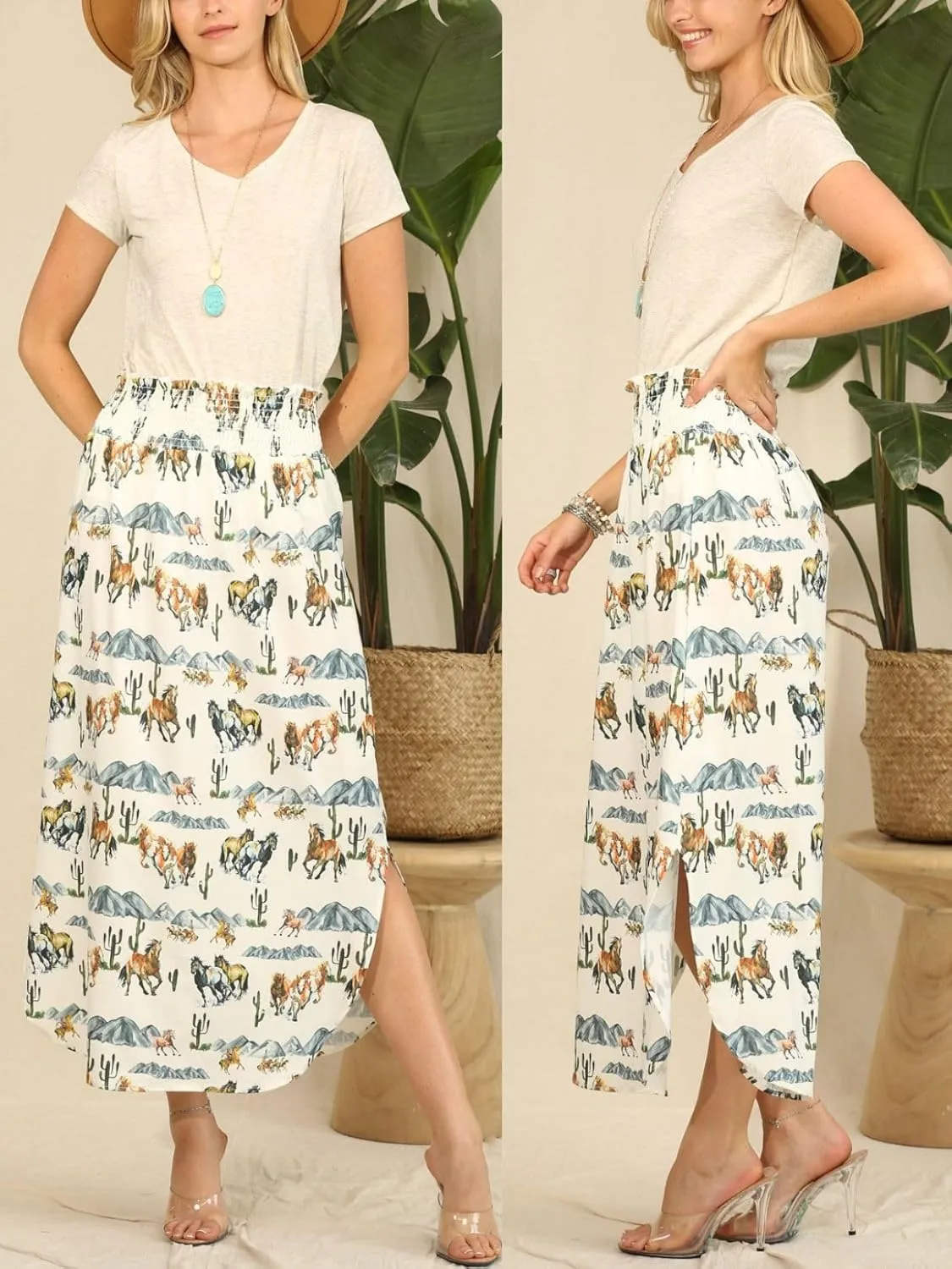 Womens Western Horse Desert Print Smock Waist Maxi Skirt Tribal Cowgirl Skirt Dress