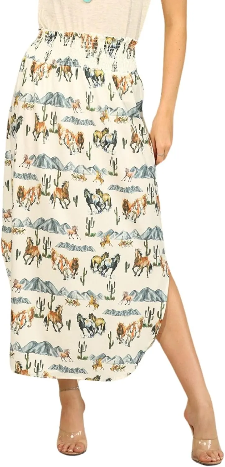 Womens Western Horse Desert Print Smock Waist Maxi Skirt Tribal Cowgirl Skirt Dress