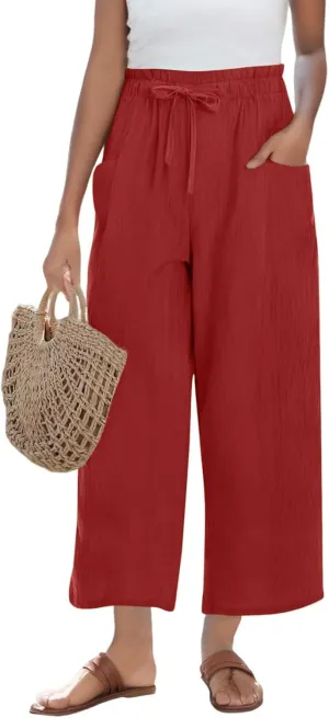 Women's Wide Leg Linen Pants High Waisted Plus Size Casual Comfy Palazzo Pant Summer Loose Fit Lounge with Pockets