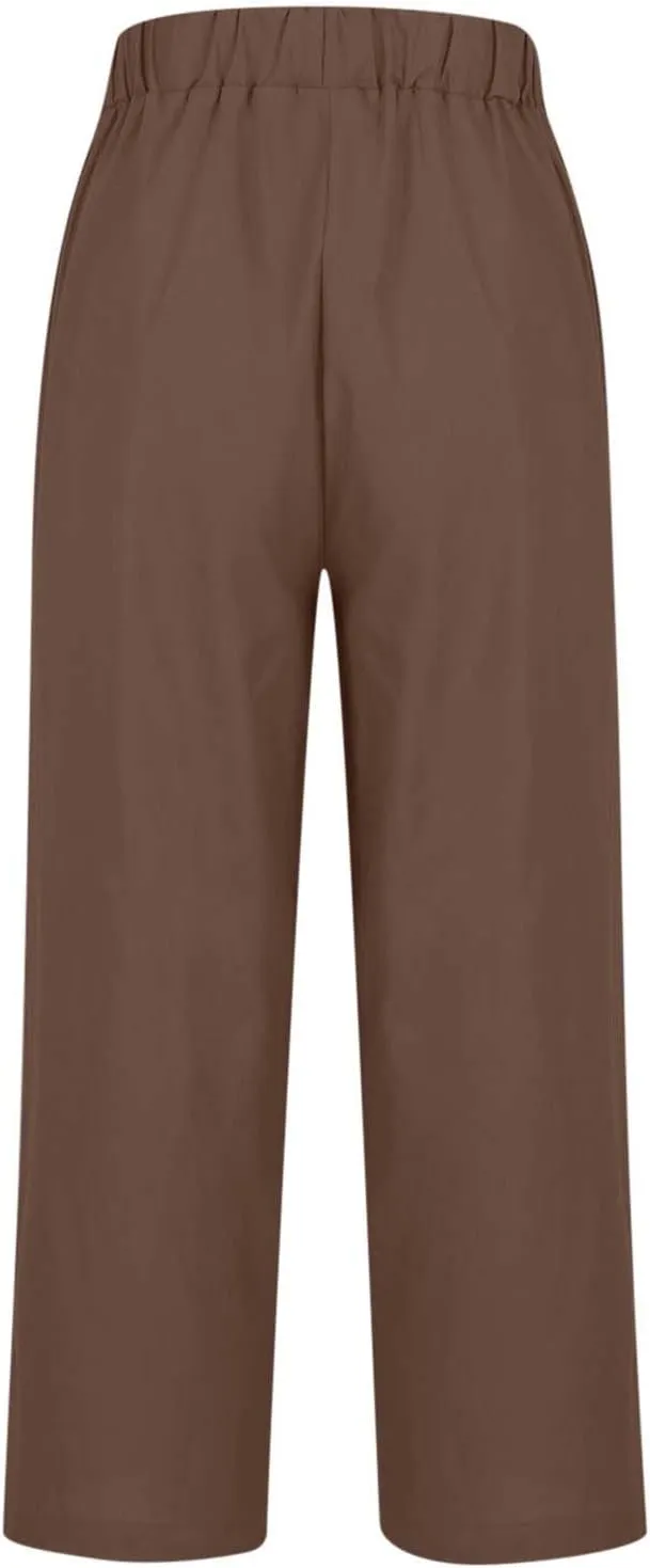Womens Wide Leg Linen Pants Long High Waisted Elastic Pants Paperbag Waist Wide Leg Pants Lounge Casual Wear Pants