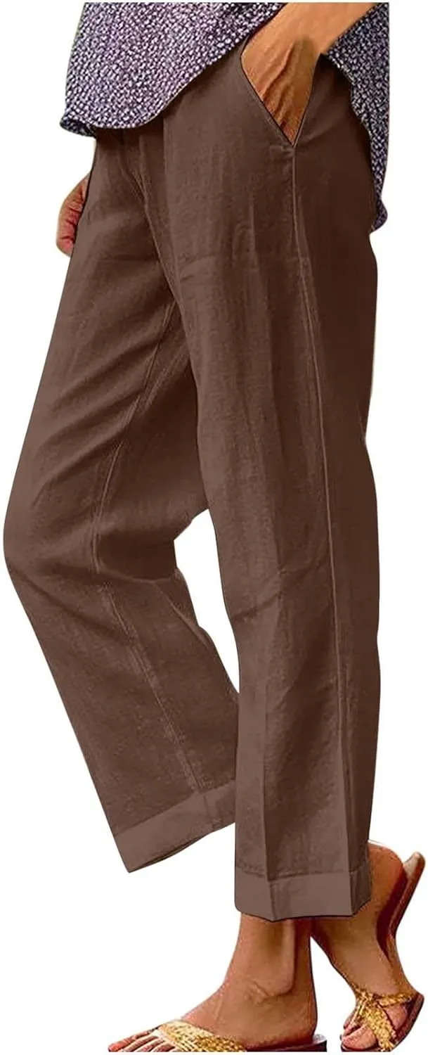 Womens Wide Leg Linen Pants Long High Waisted Elastic Pants Paperbag Waist Wide Leg Pants Lounge Casual Wear Pants