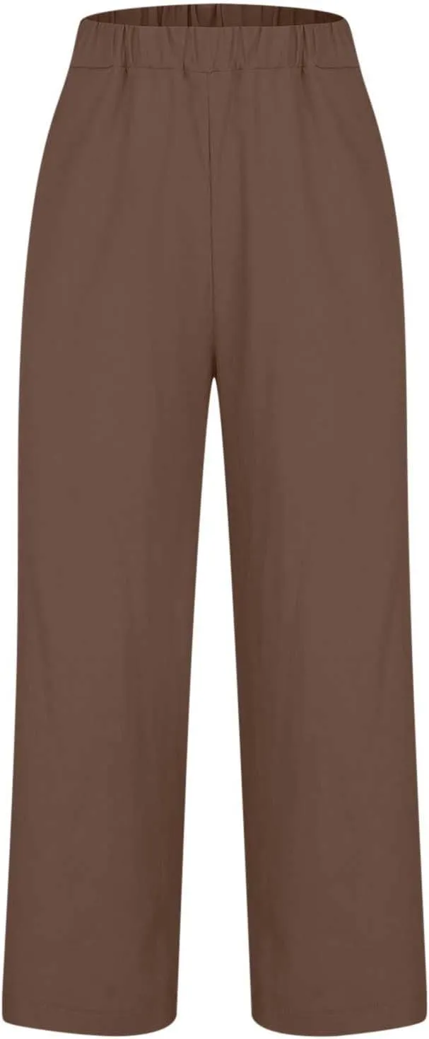 Womens Wide Leg Linen Pants Long High Waisted Elastic Pants Paperbag Waist Wide Leg Pants Lounge Casual Wear Pants